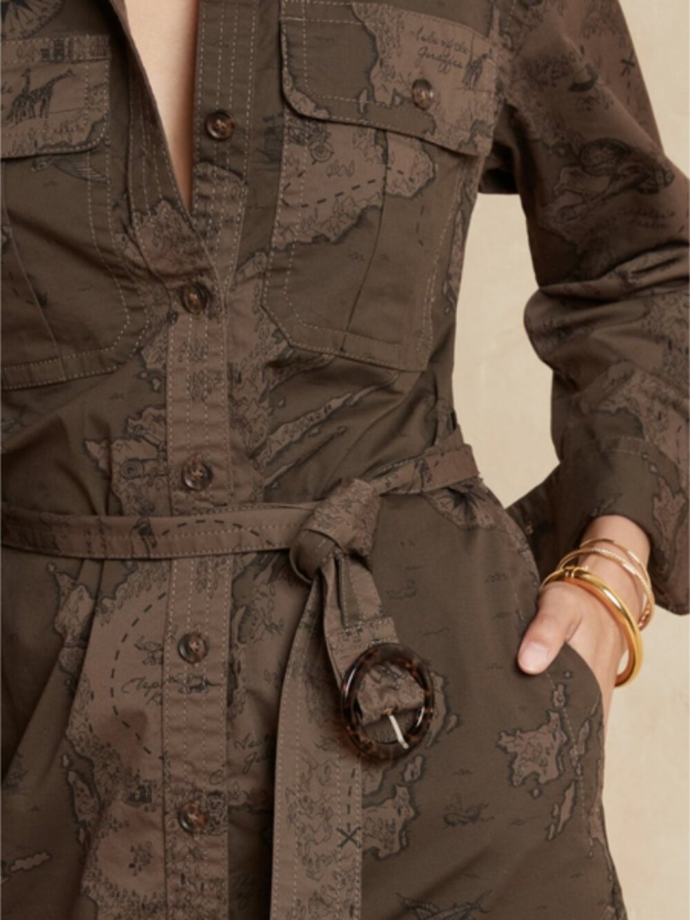 Banana Republic Map Safari Print Belted Utility Shirtdress Duster Khaki